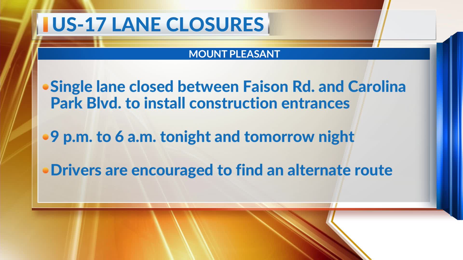 US-17 overnight lane closures in Mount Pleasant – WCBD News 2